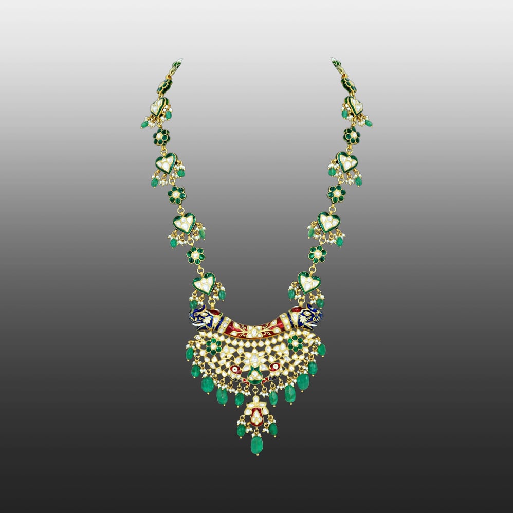 Polki Pendant Necklace with Red-Green Meenakari and Emeralds